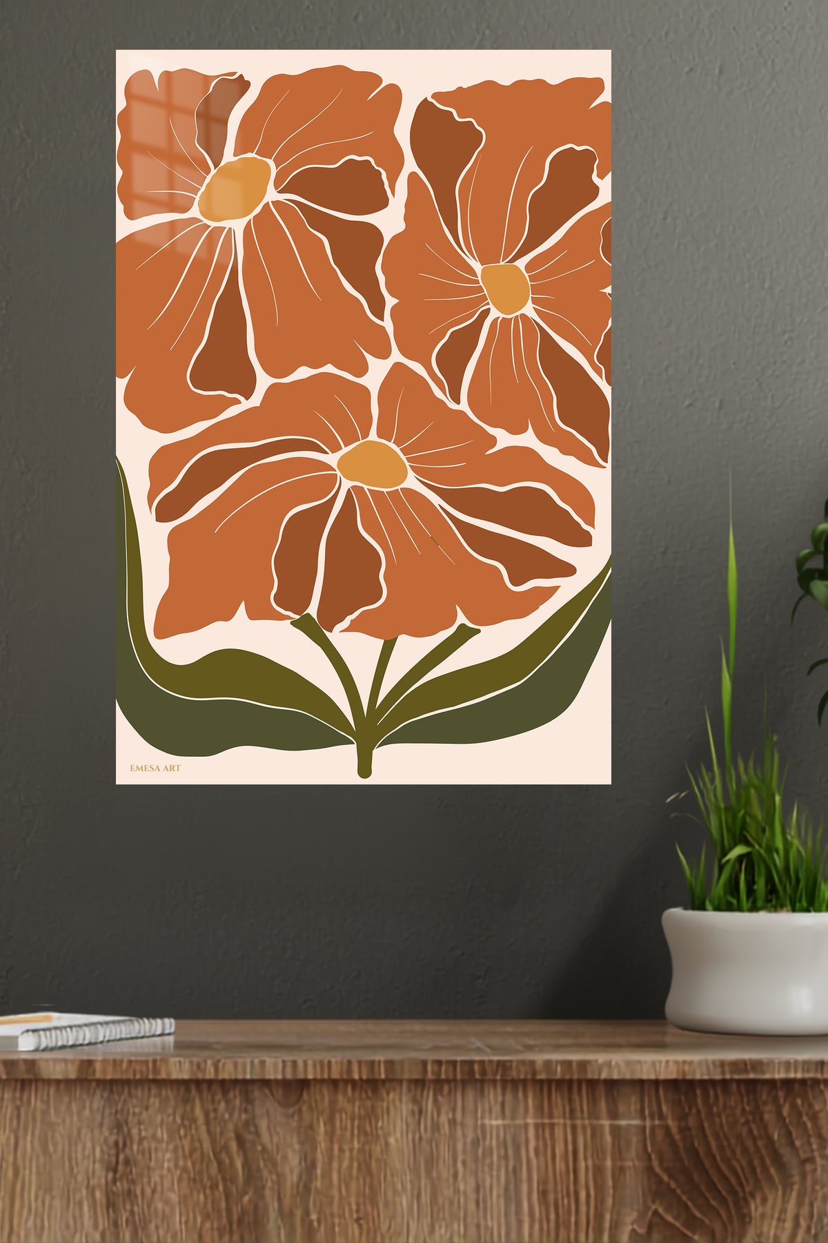 Terracotta Wildflower Bloom metal wall art displayed in a modern interior