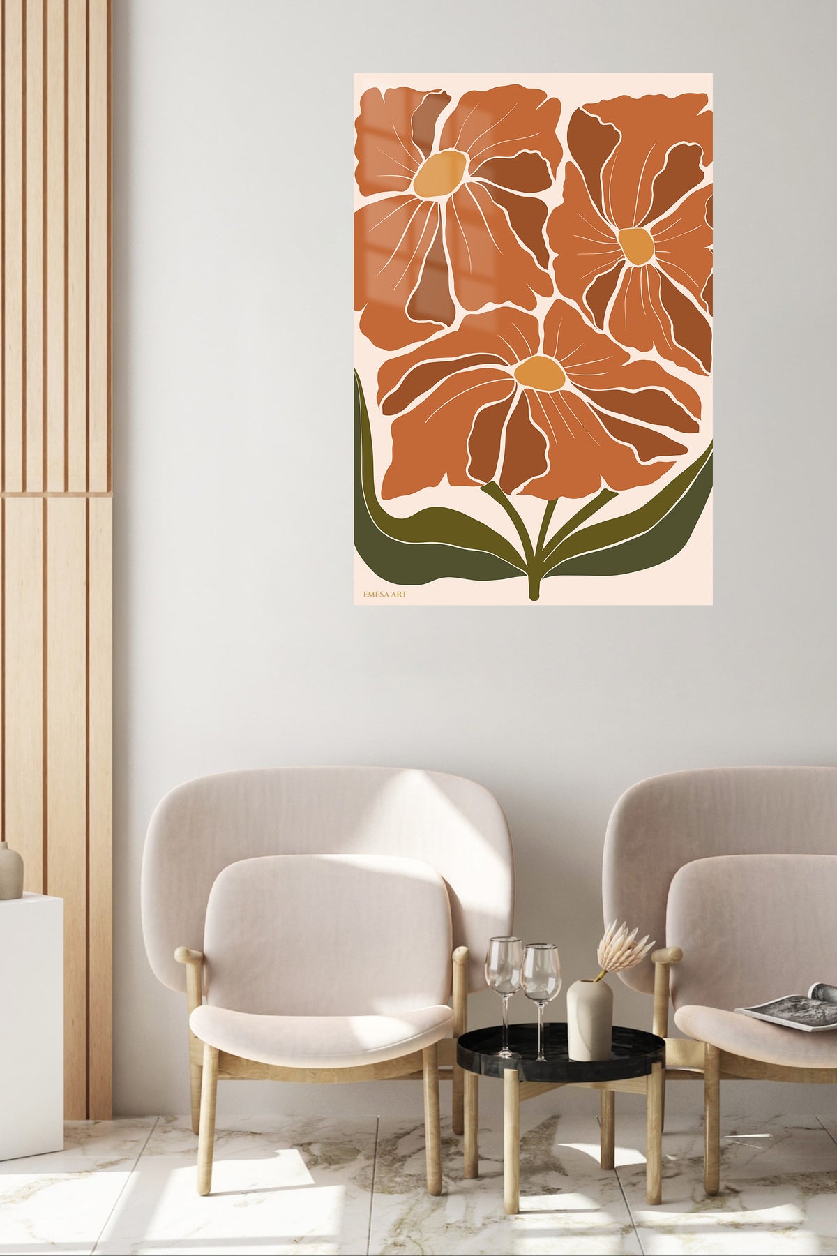 Terracotta Wildflower Bloom metal wall art displayed in a contemporary living space