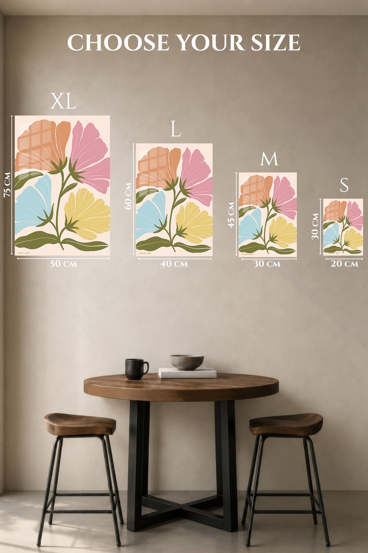 EMESA metal wall art size comparison guide for Pastel Botanical Bloom