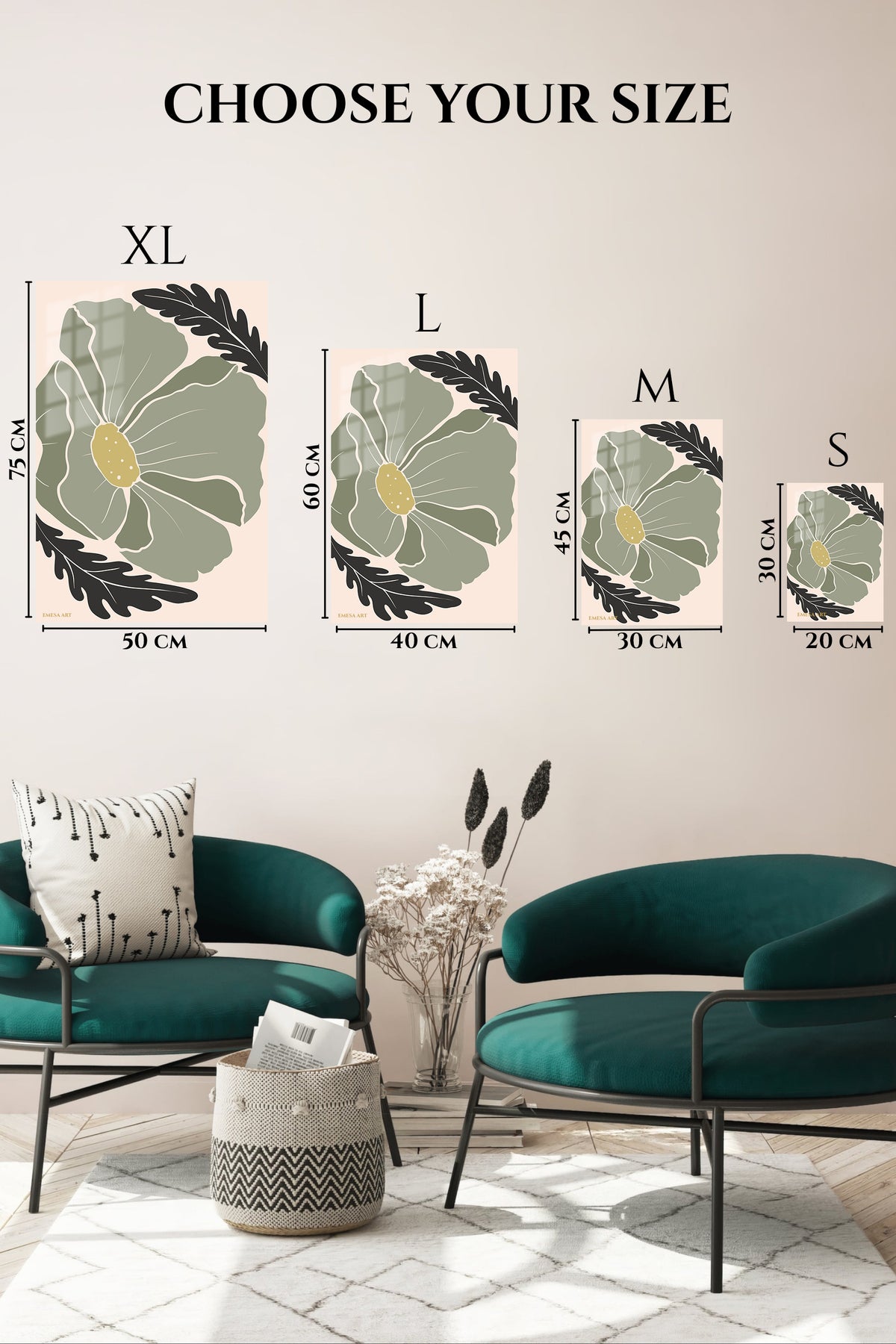EMESA metal wall art size comparison guide for Abstract Sage Leaf Composition