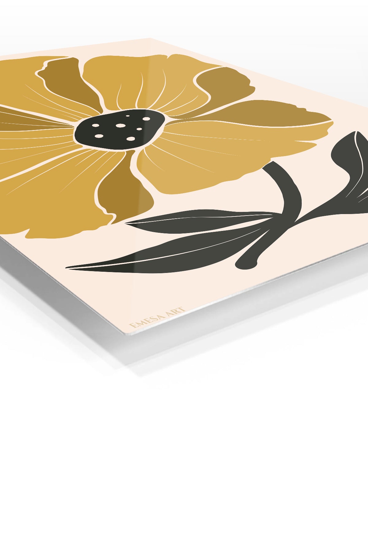 Golden Botanical Bloom premium metal wall art – angled view