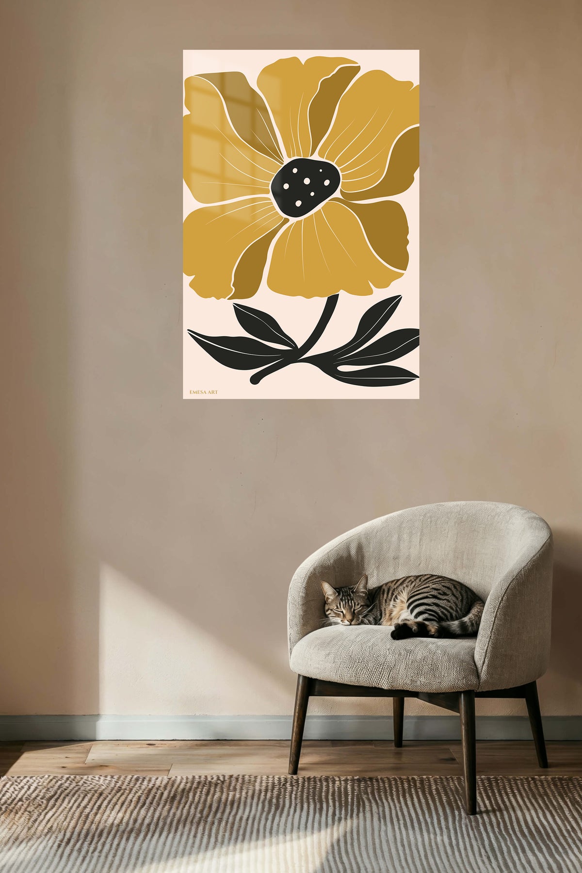 Golden Botanical Bloom metal wall art displayed in a contemporary living space