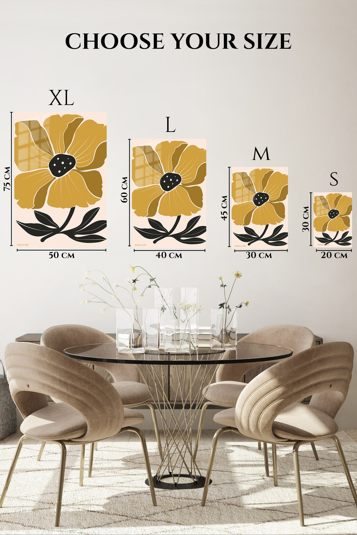 EMESA metal wall art size comparison guide for Golden Botanical Bloom