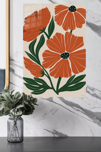 Rust Orange Botanical Blooms metal wall art displayed in a modern interior