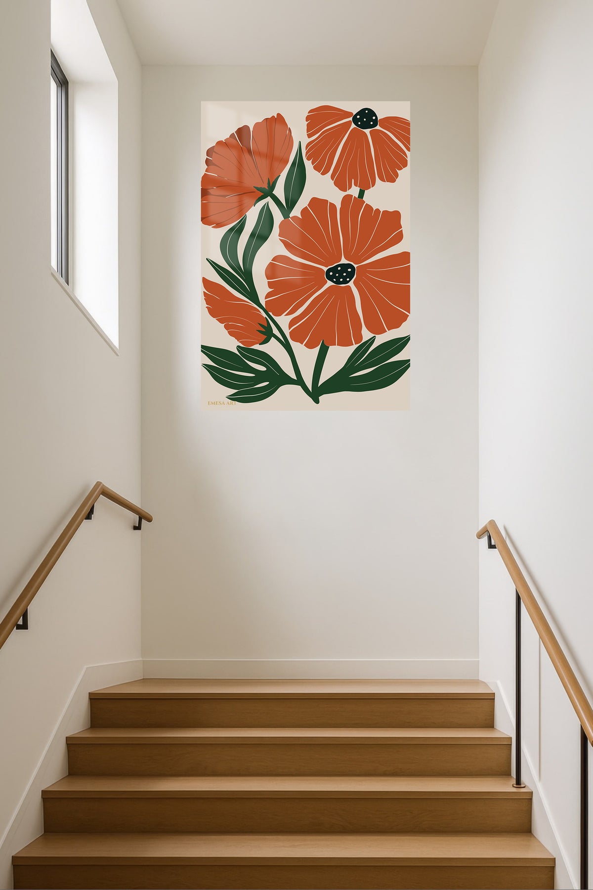 Rust Orange Botanical Blooms metal wall art displayed in a contemporary living space