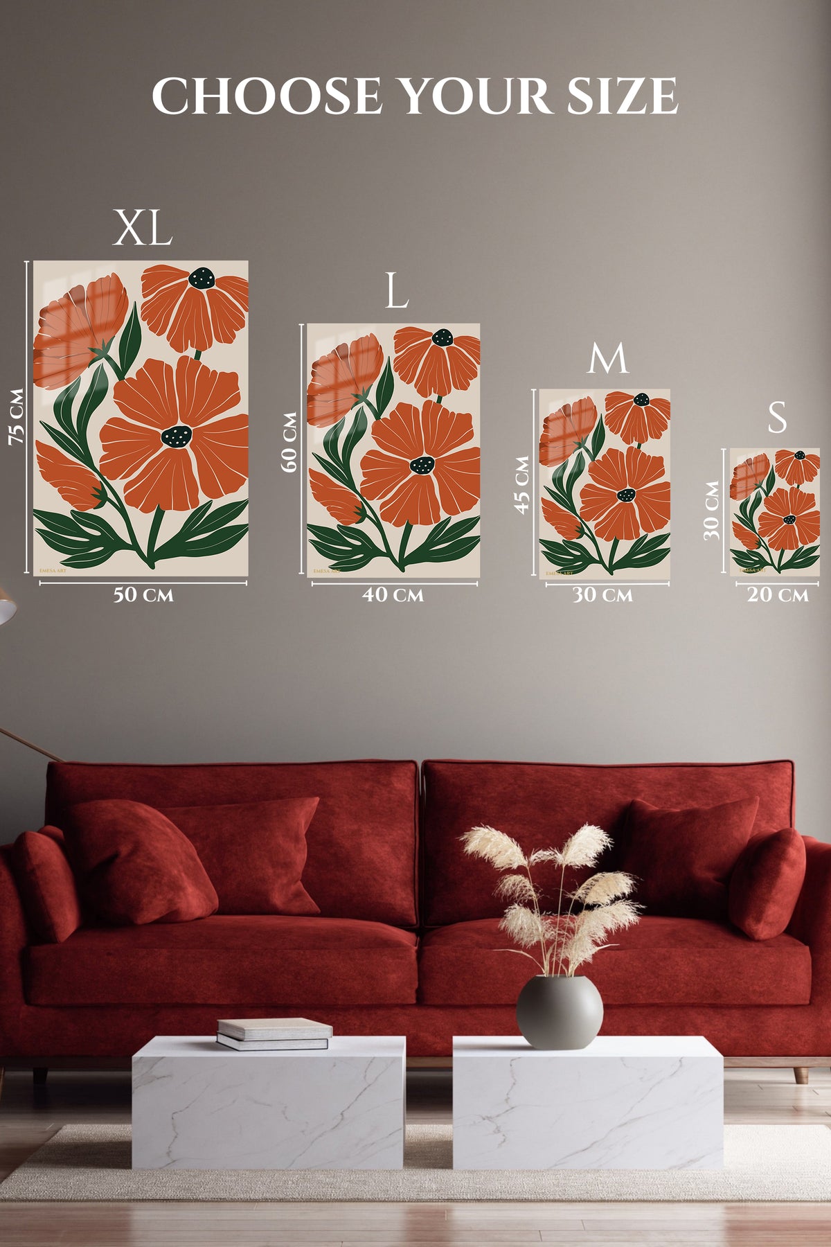 EMESA metal wall art size comparison guide for Rust Orange Botanical Blooms