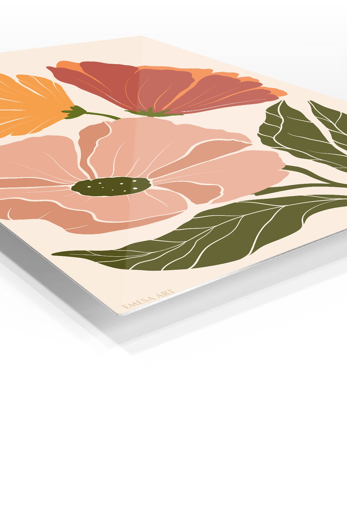 Warm Botanical Bloom premium metal wall art – angled view