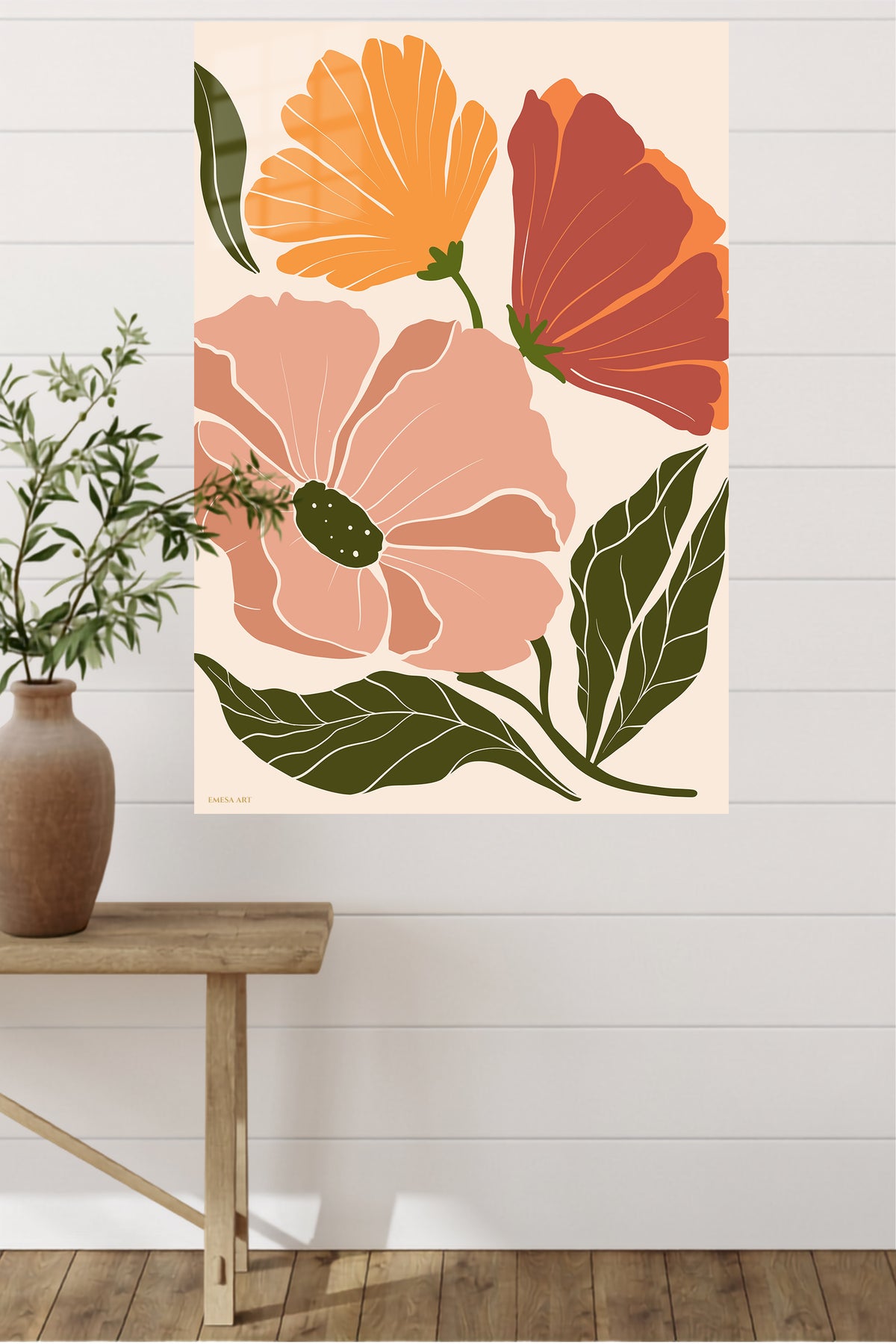 Warm Botanical Bloom metal wall art displayed in a modern interior