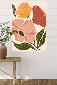 Warm Botanical Bloom metal wall art displayed in a modern interior