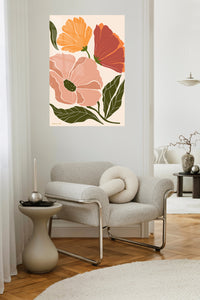 Warm Botanical Bloom metal wall art displayed in a contemporary living space