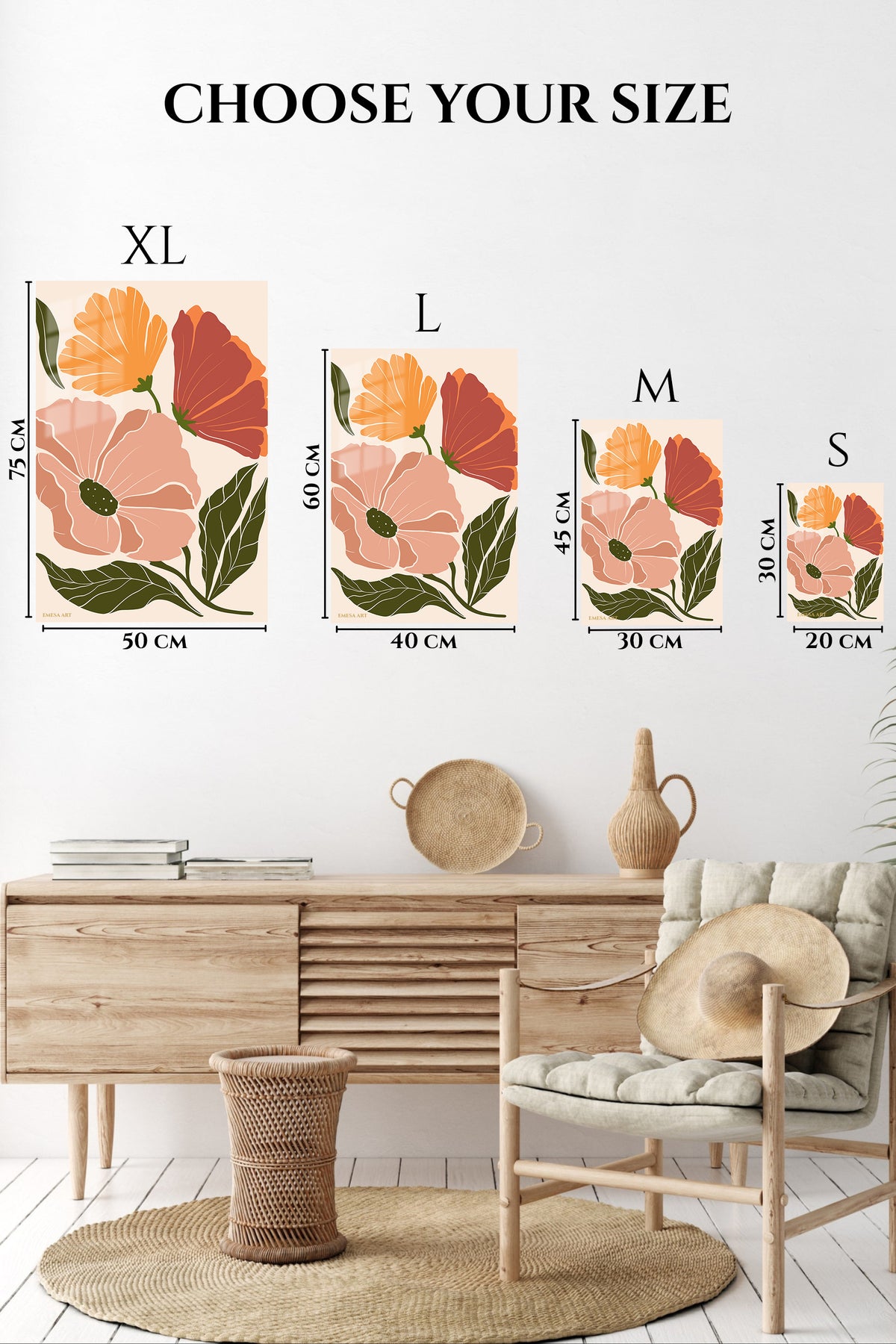 EMESA metal wall art size comparison guide for Warm Botanical Bloom