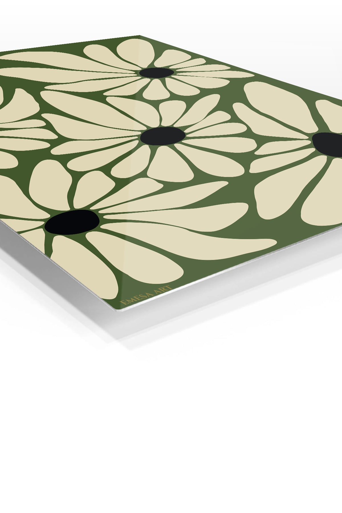 Olive Daisy Bloom premium metal wall art – angled view