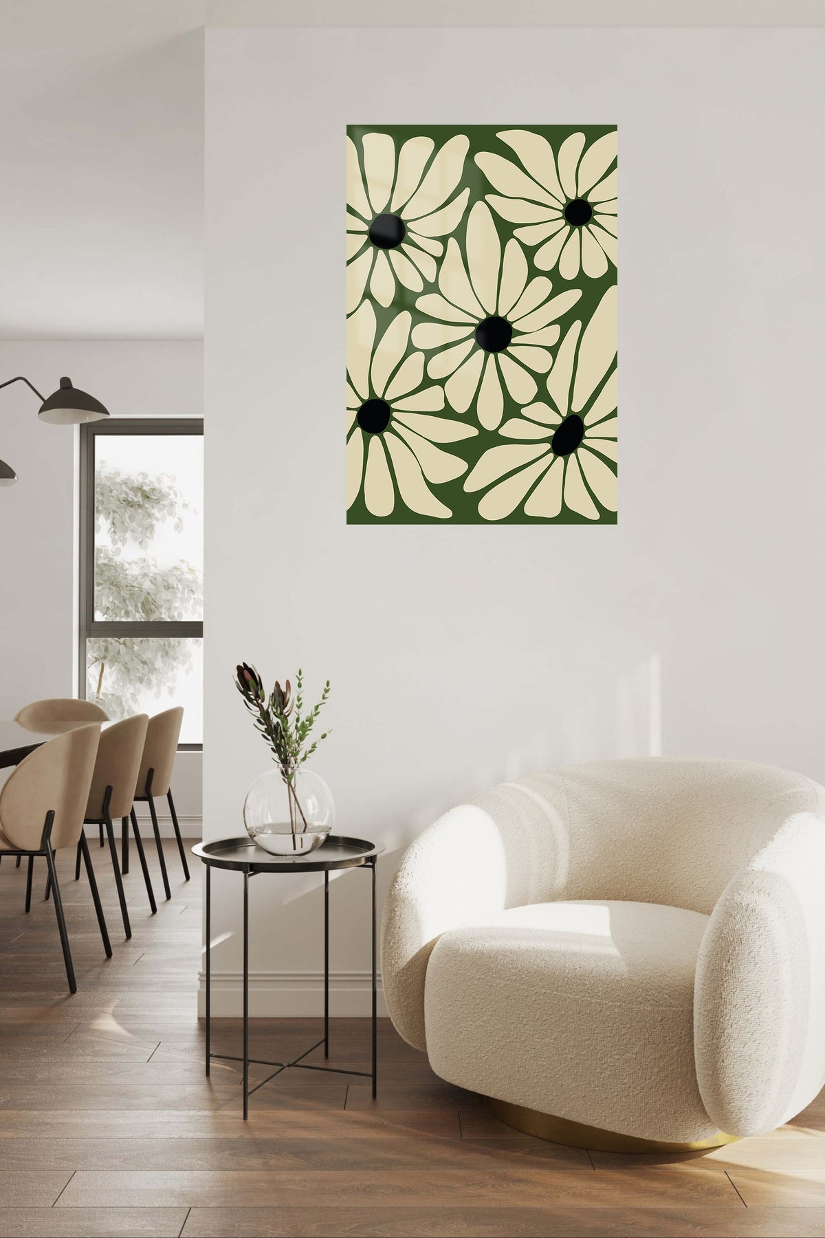 Olive Daisy Bloom metal wall art displayed in a contemporary living space