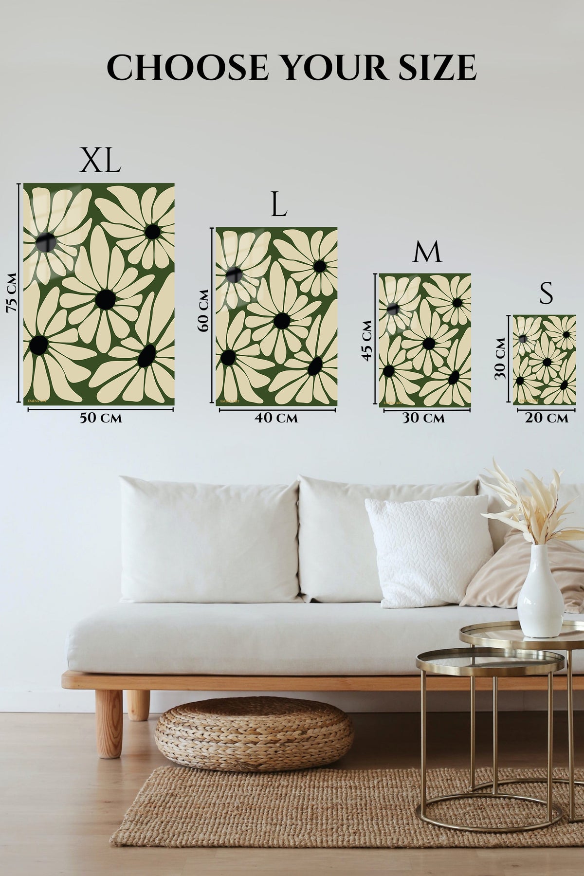 EMESA metal wall art size comparison guide for Olive Daisy Bloom