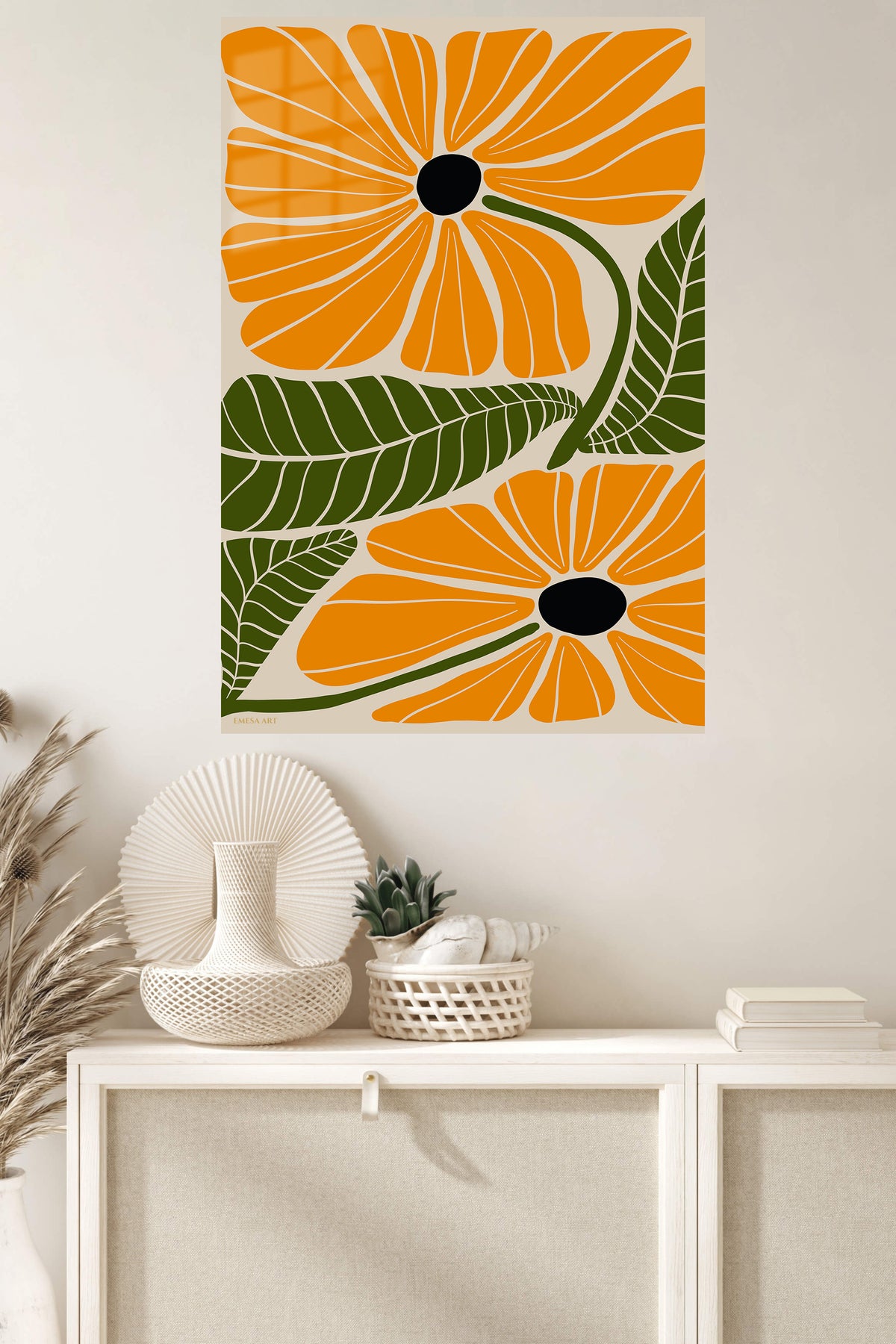 Marigold Bloom Botanical metal wall art displayed in a modern interior