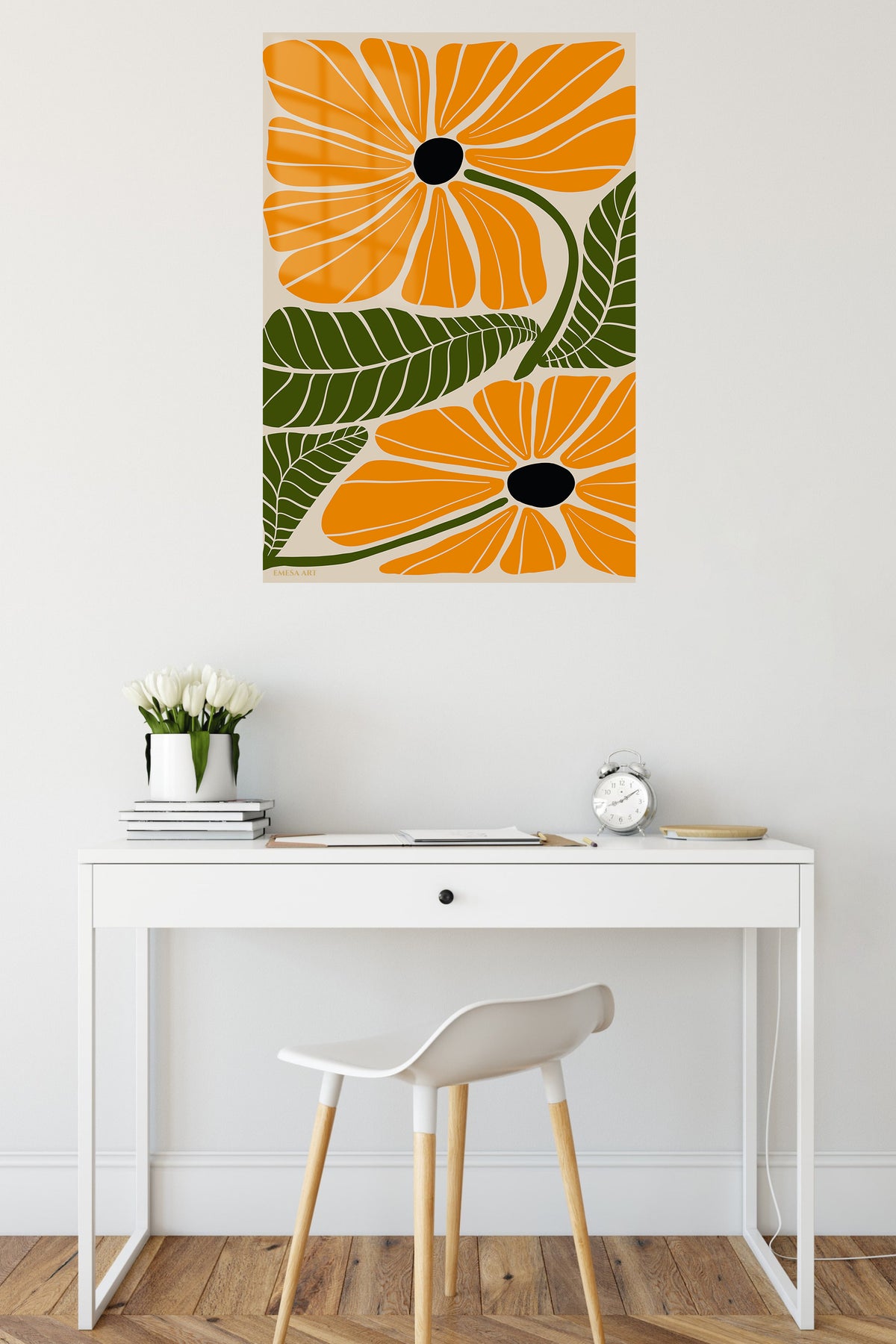 Marigold Bloom Botanical metal wall art displayed in a contemporary living space