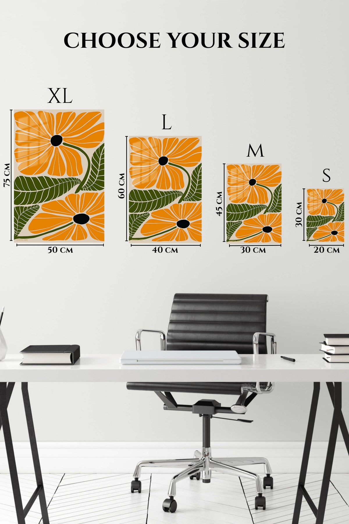 EMESA metal wall art size comparison guide for Marigold Bloom Botanical