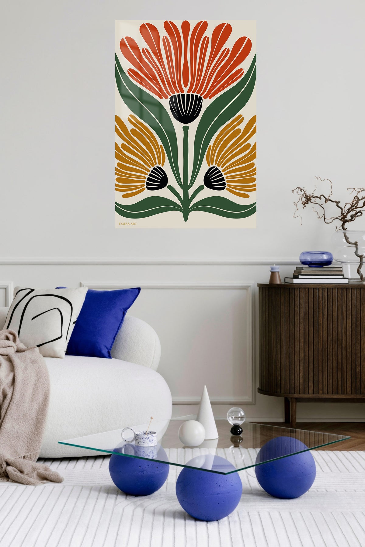 Three Bloom Folk Floral metal wall art displayed in a contemporary living space
