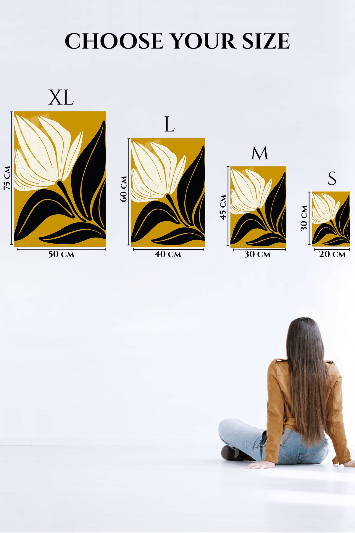 EMESA metal wall art size comparison guide for Golden Abstract Bloom