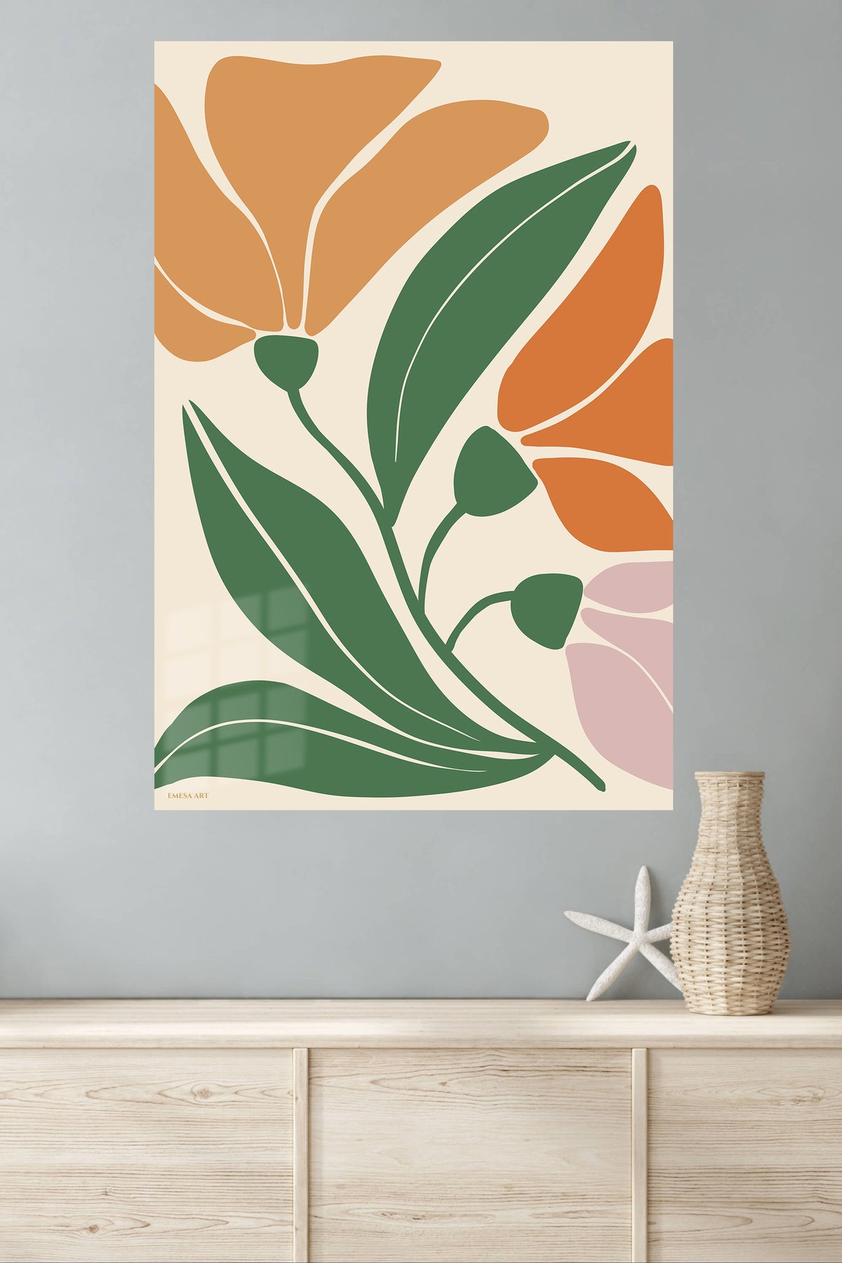 Abstract Tropical Botanical Blooms metal wall art displayed in a modern interior