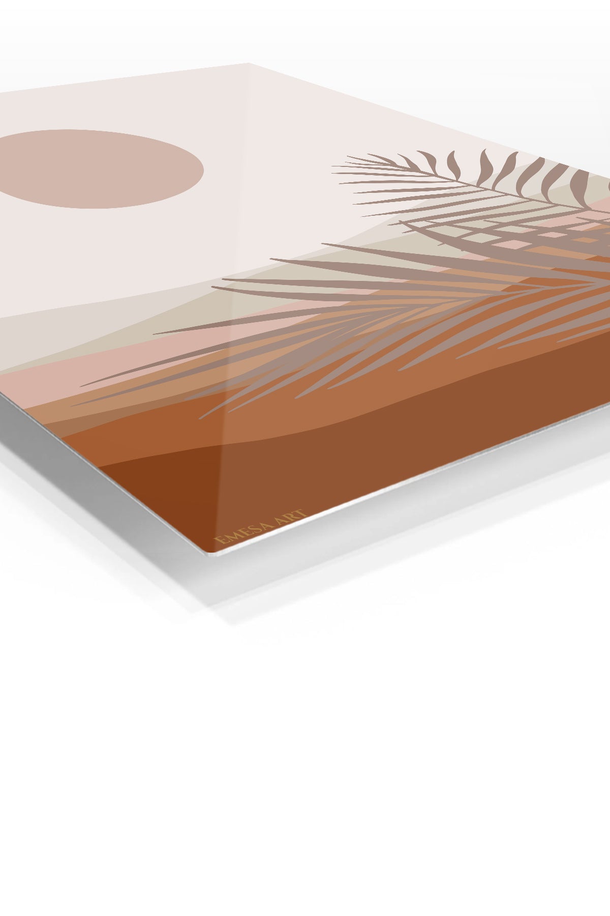 Terracotta Sun and Palm Fronds premium metal wall art – angled view