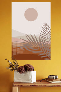Terracotta Sun and Palm Fronds metal wall art displayed in a modern interior