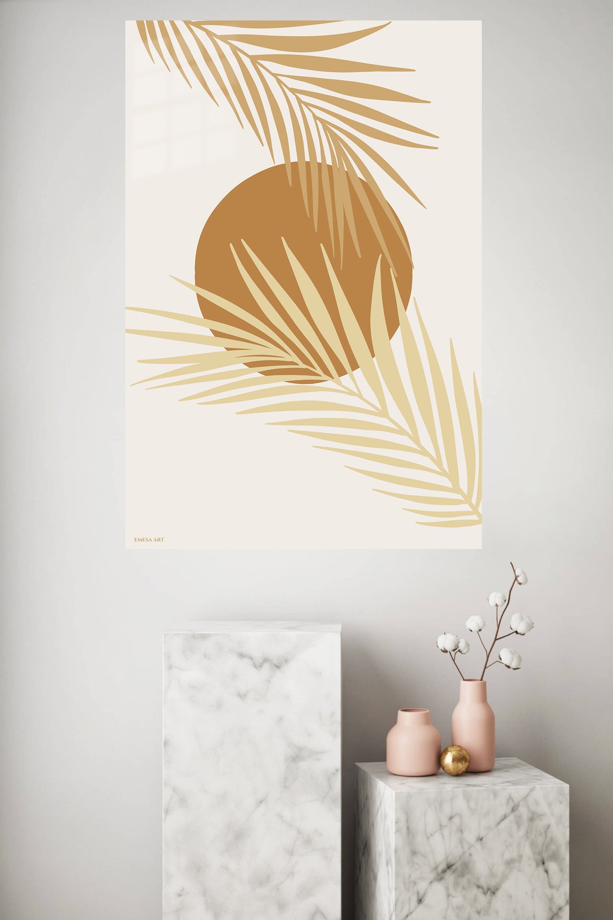Golden Palm Sun metal wall art displayed in a modern interior