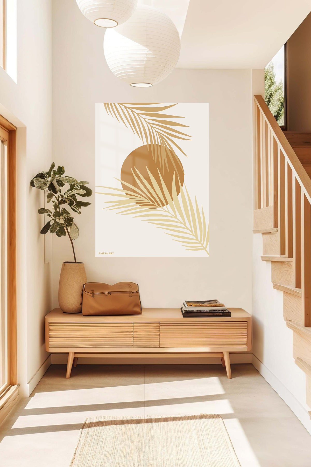 Golden Palm Sun metal wall art displayed in a contemporary living space