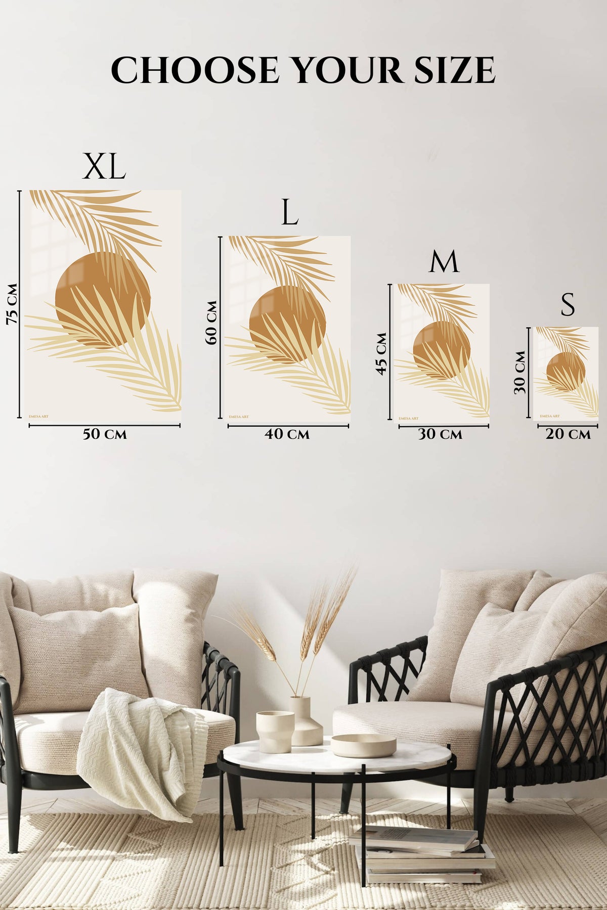 EMESA metal wall art size comparison guide for Golden Palm Sun