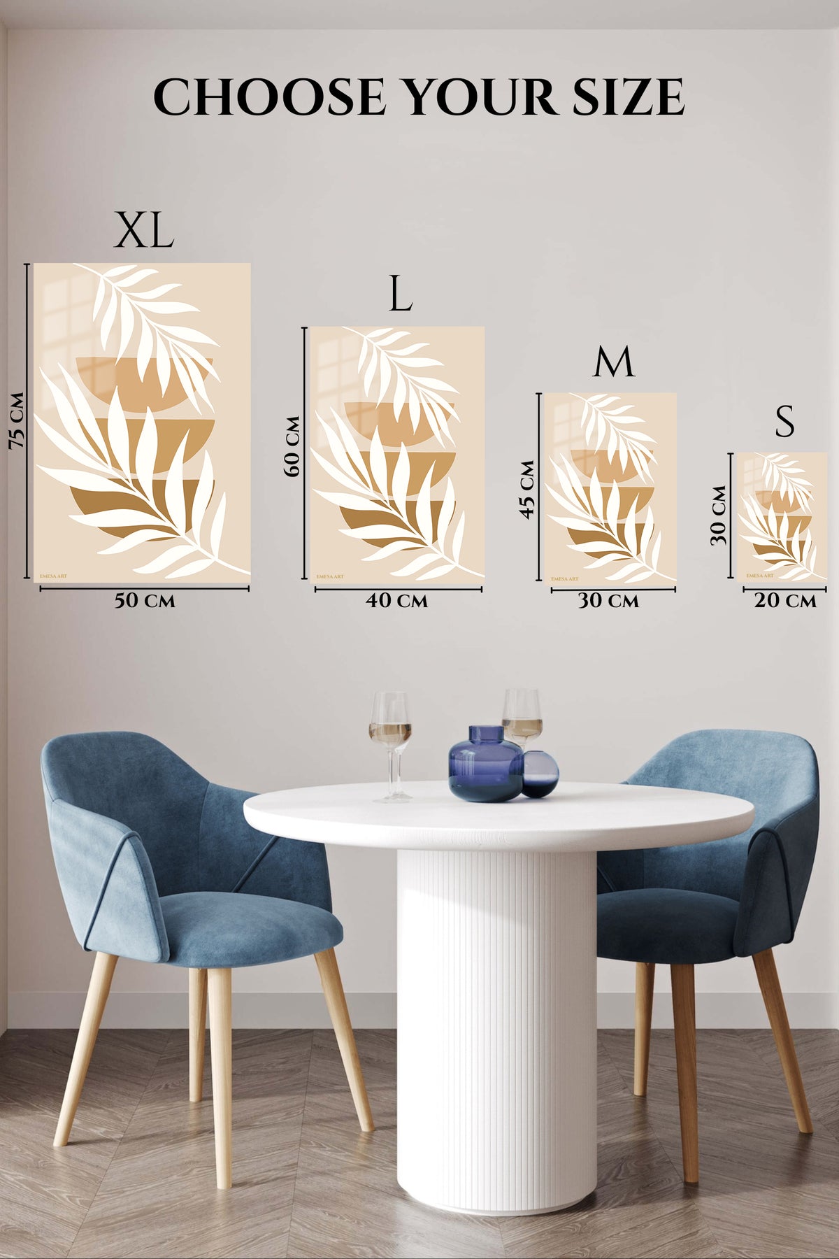 EMESA metal wall art size comparison guide for Ivory Botanical Leaves