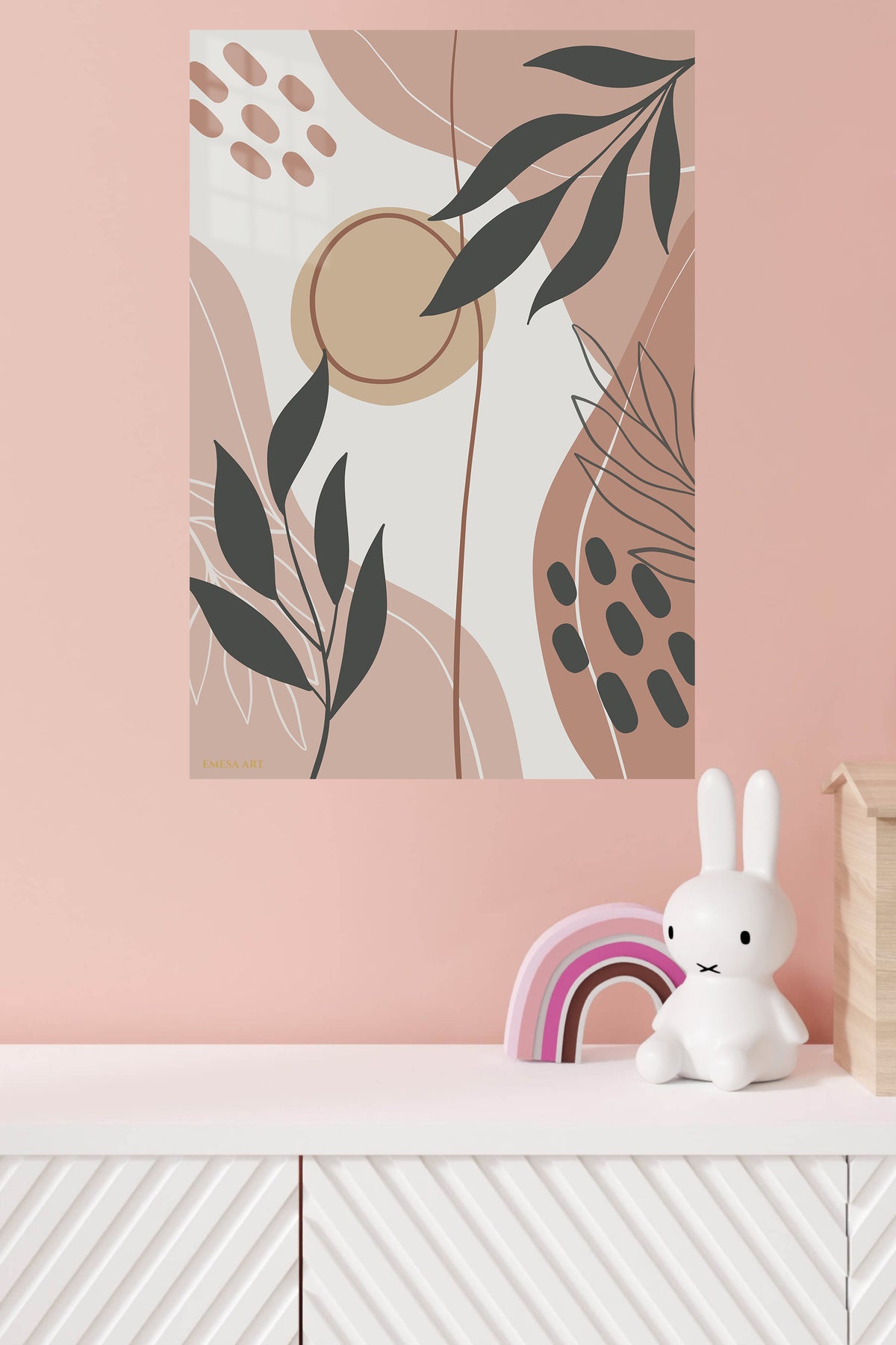 Earthy Botanical Shapes metal wall art displayed in a modern interior