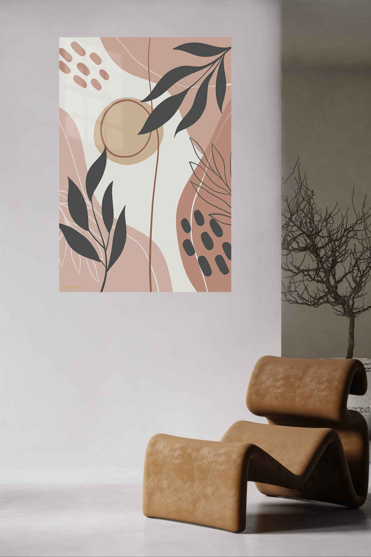 Earthy Botanical Shapes metal wall art displayed in a contemporary living space