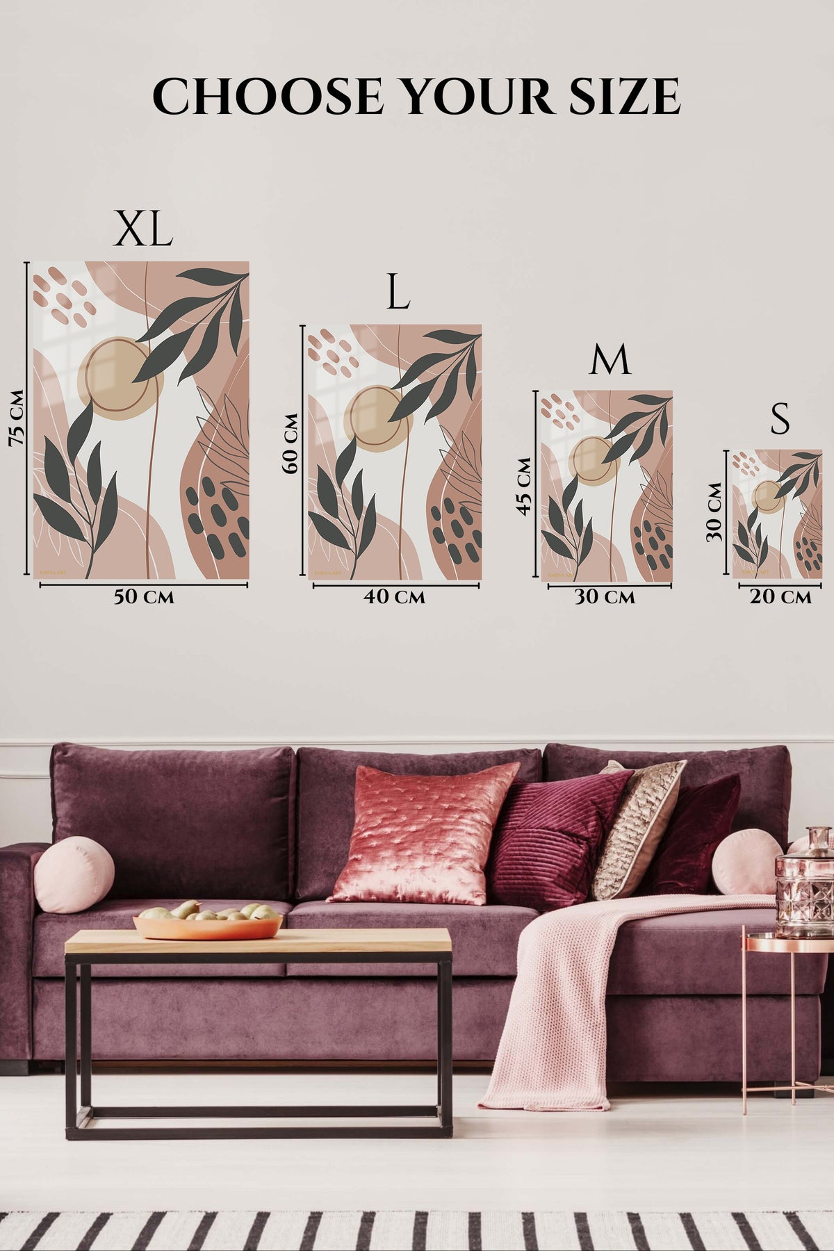 EMESA metal wall art size comparison guide for Earthy Botanical Shapes