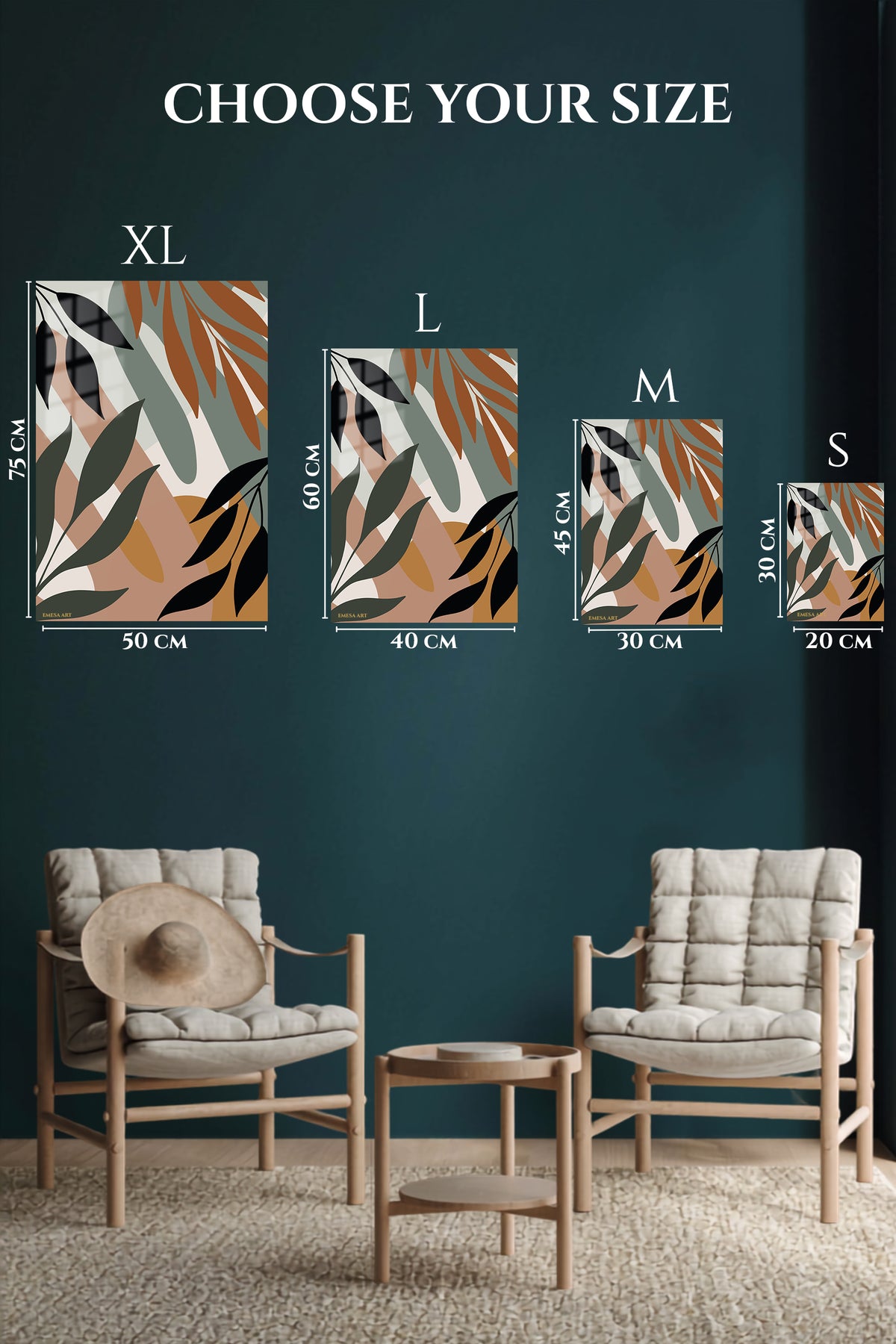 EMESA metal wall art size comparison guide for Earthy Botanical Arches