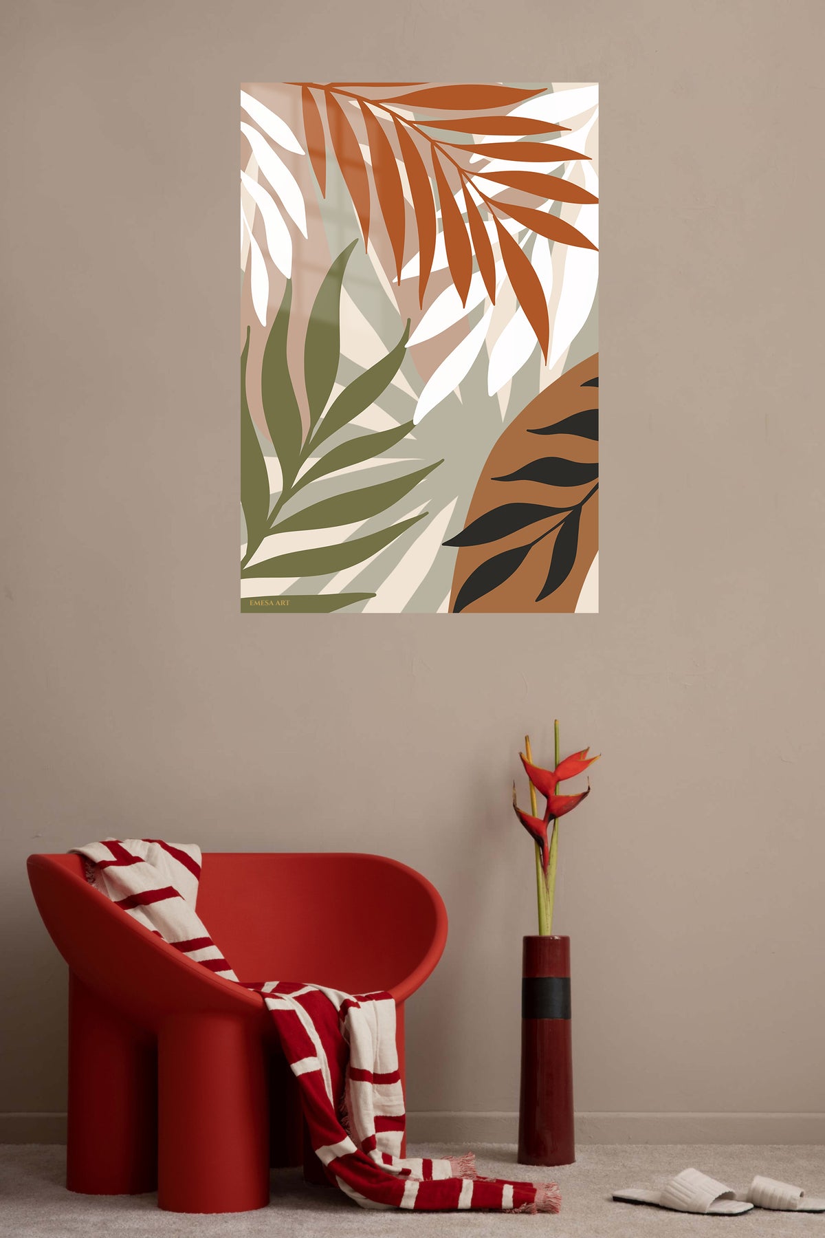 Earthy Tropical Palm Fronds metal wall art displayed in a contemporary living space