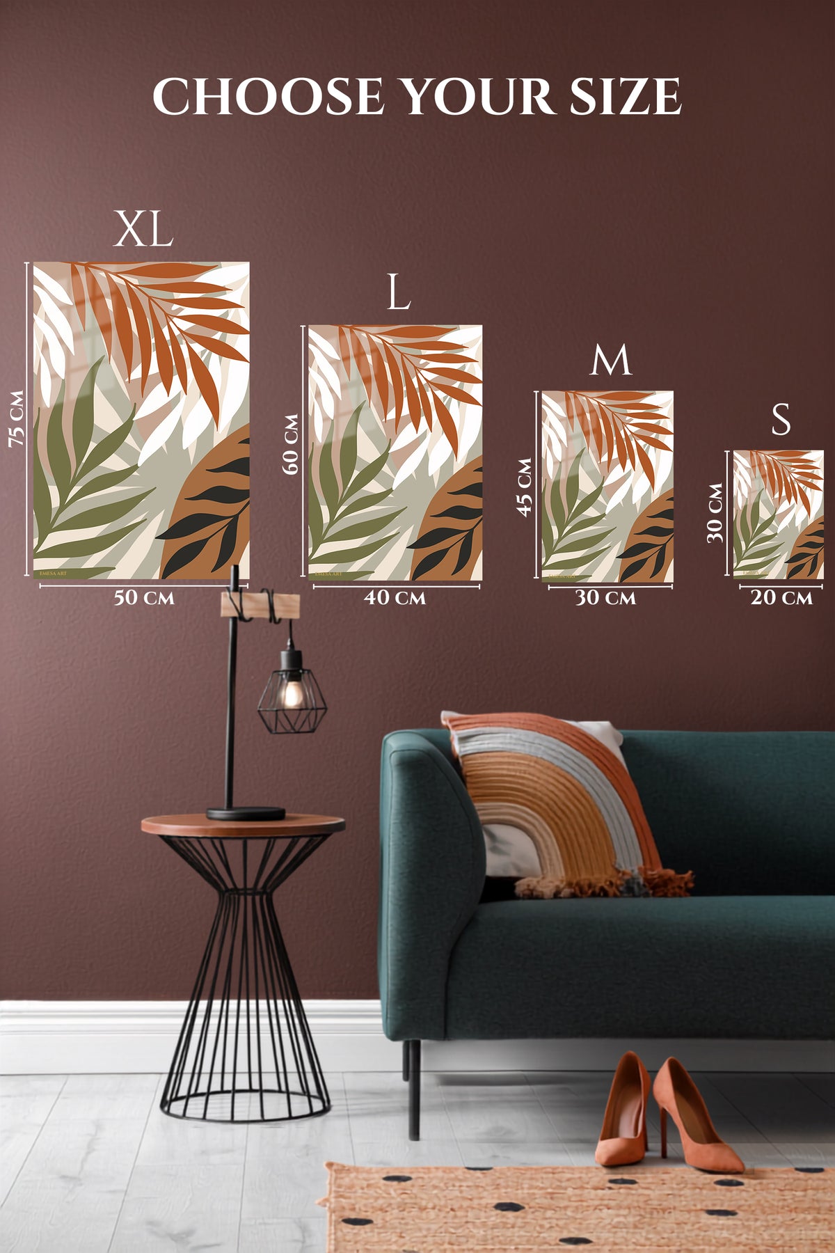 EMESA metal wall art size comparison guide for Earthy Tropical Palm Fronds