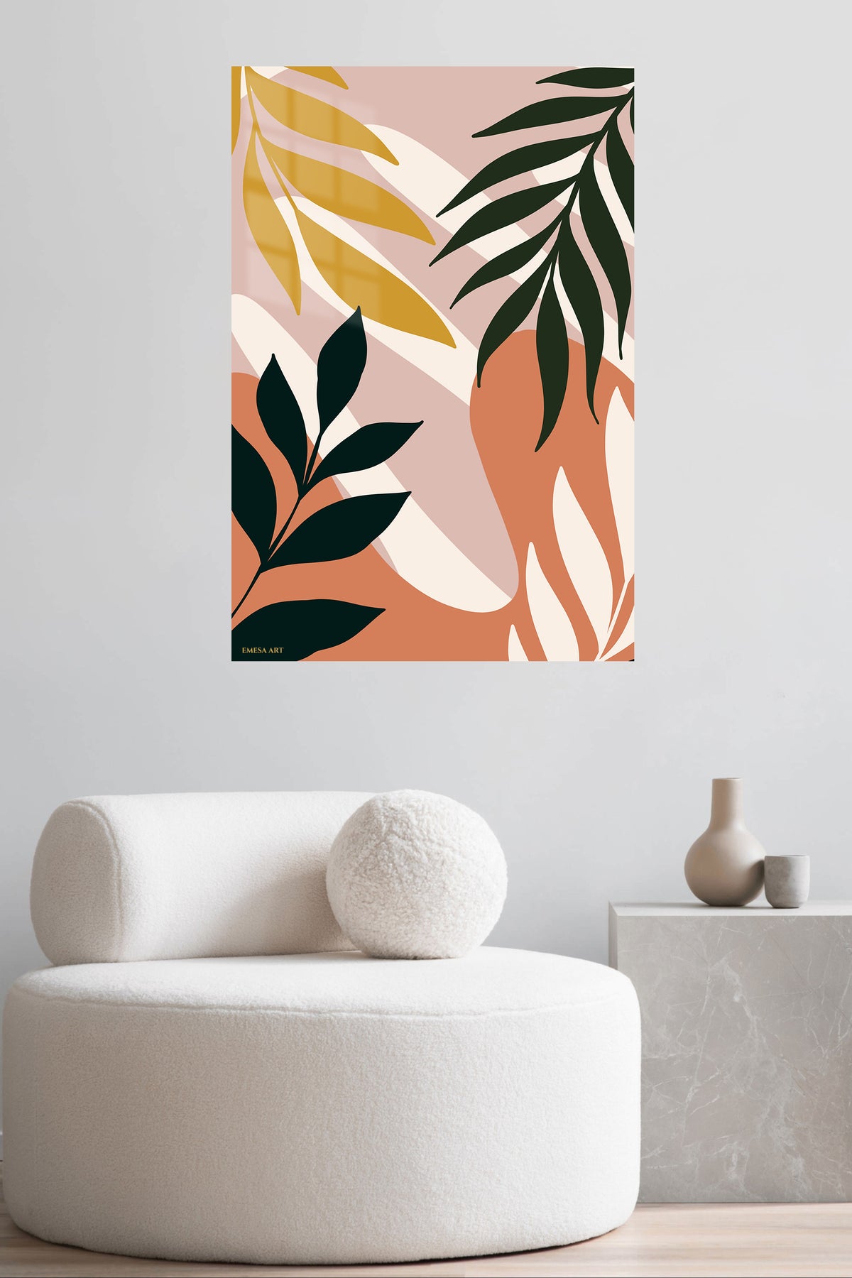 Earthy Botanical Leaves metal wall art displayed in a contemporary living space
