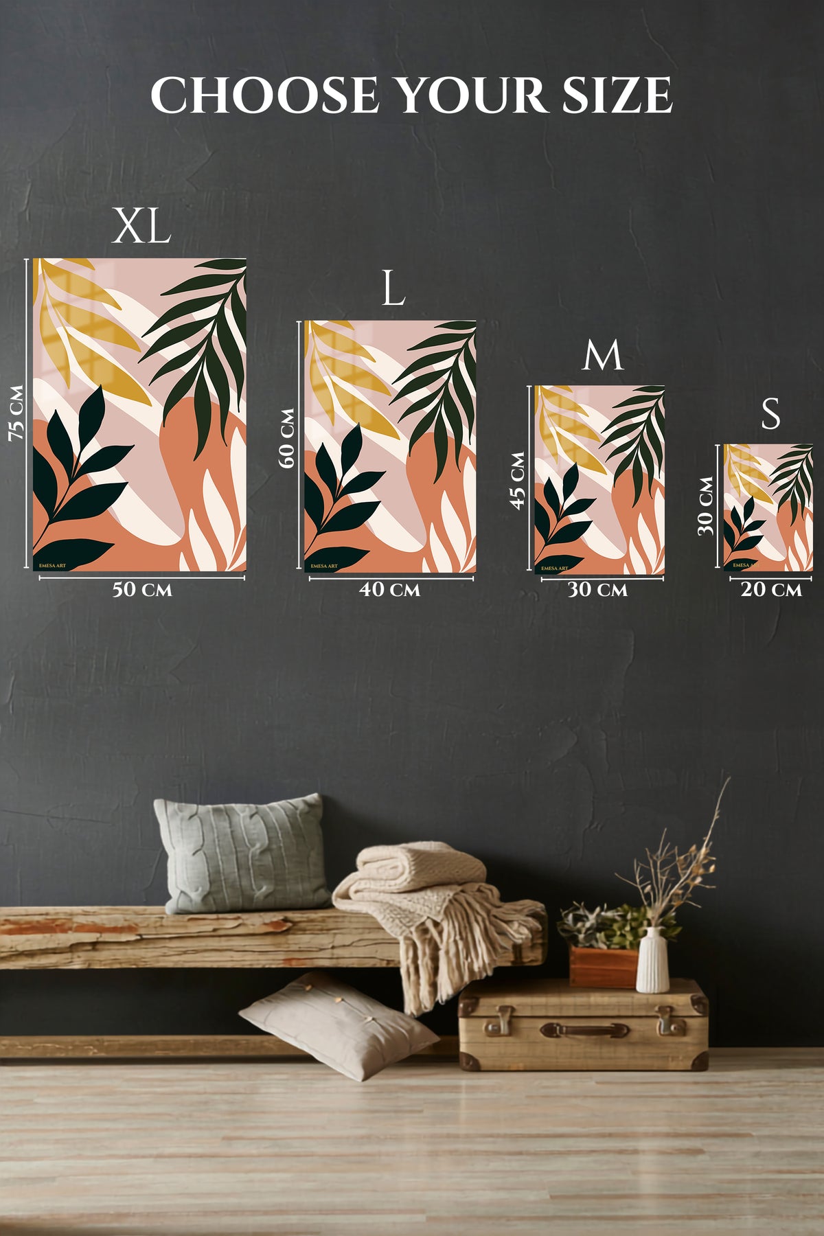 EMESA metal wall art size comparison guide for Earthy Botanical Leaves