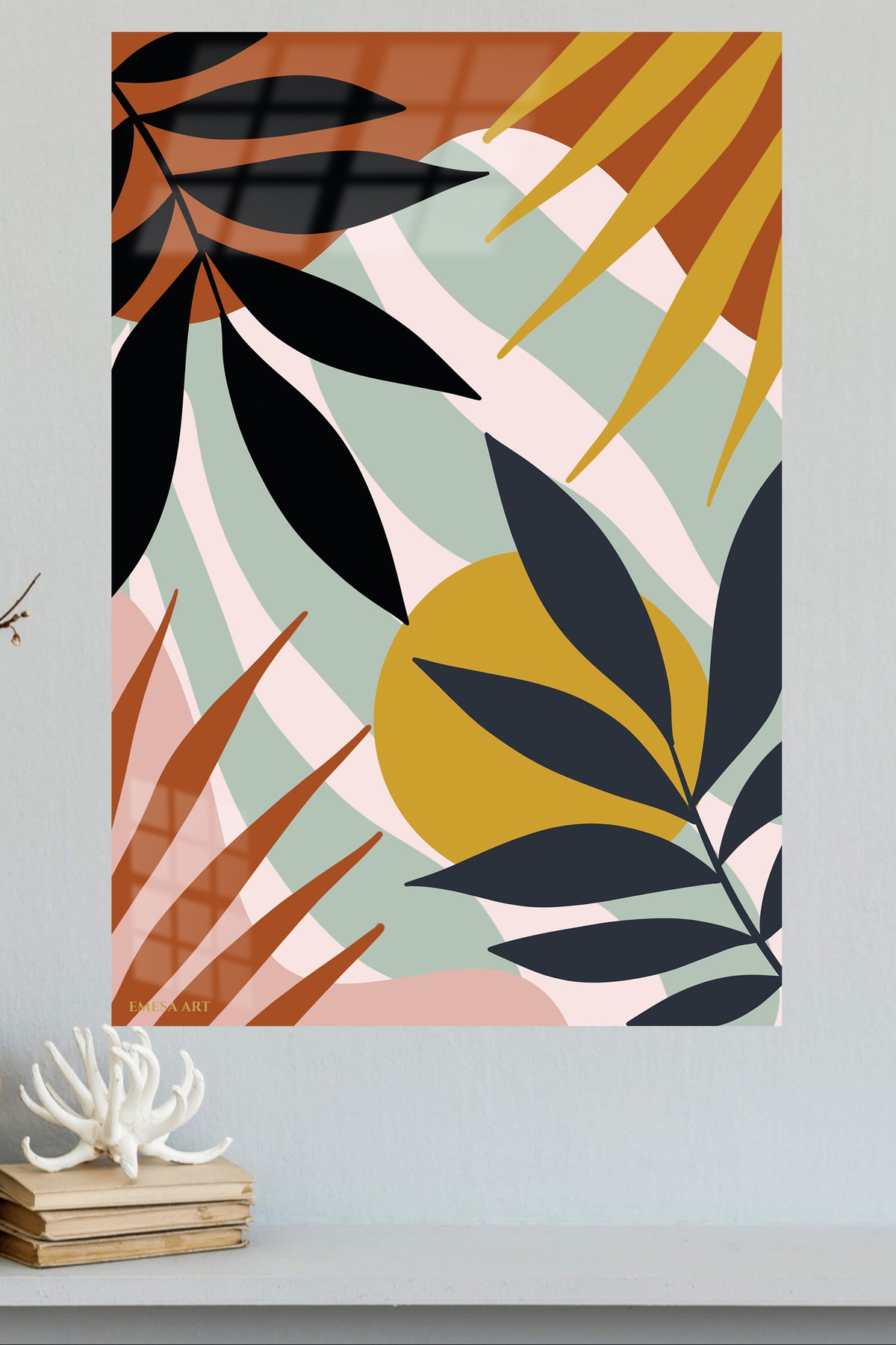 Golden Sun Botanical Shapes metal wall art displayed in a modern interior