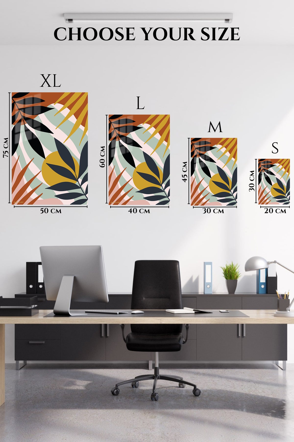 EMESA metal wall art size comparison guide for Golden Sun Botanical Shapes