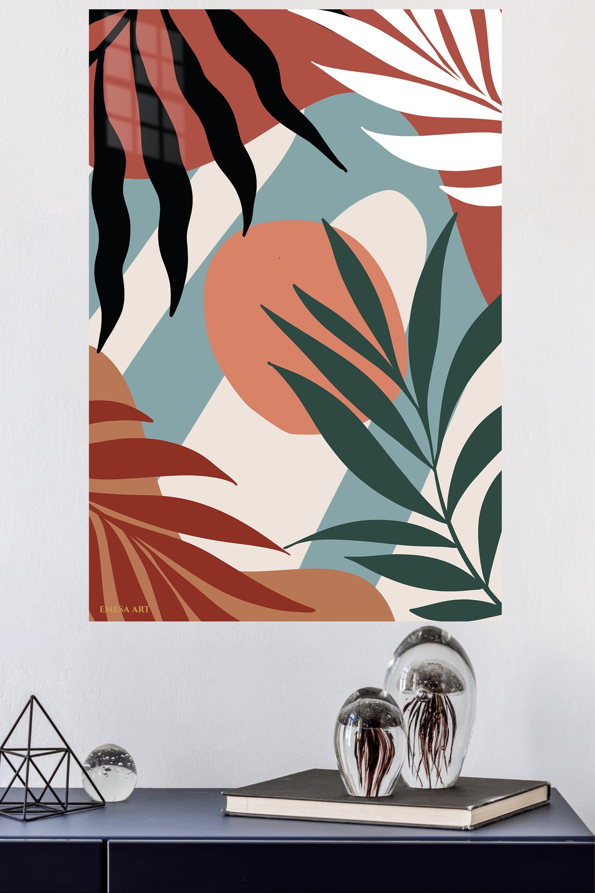 Terracotta Tropical Leaves metal wall art displayed in a modern interior