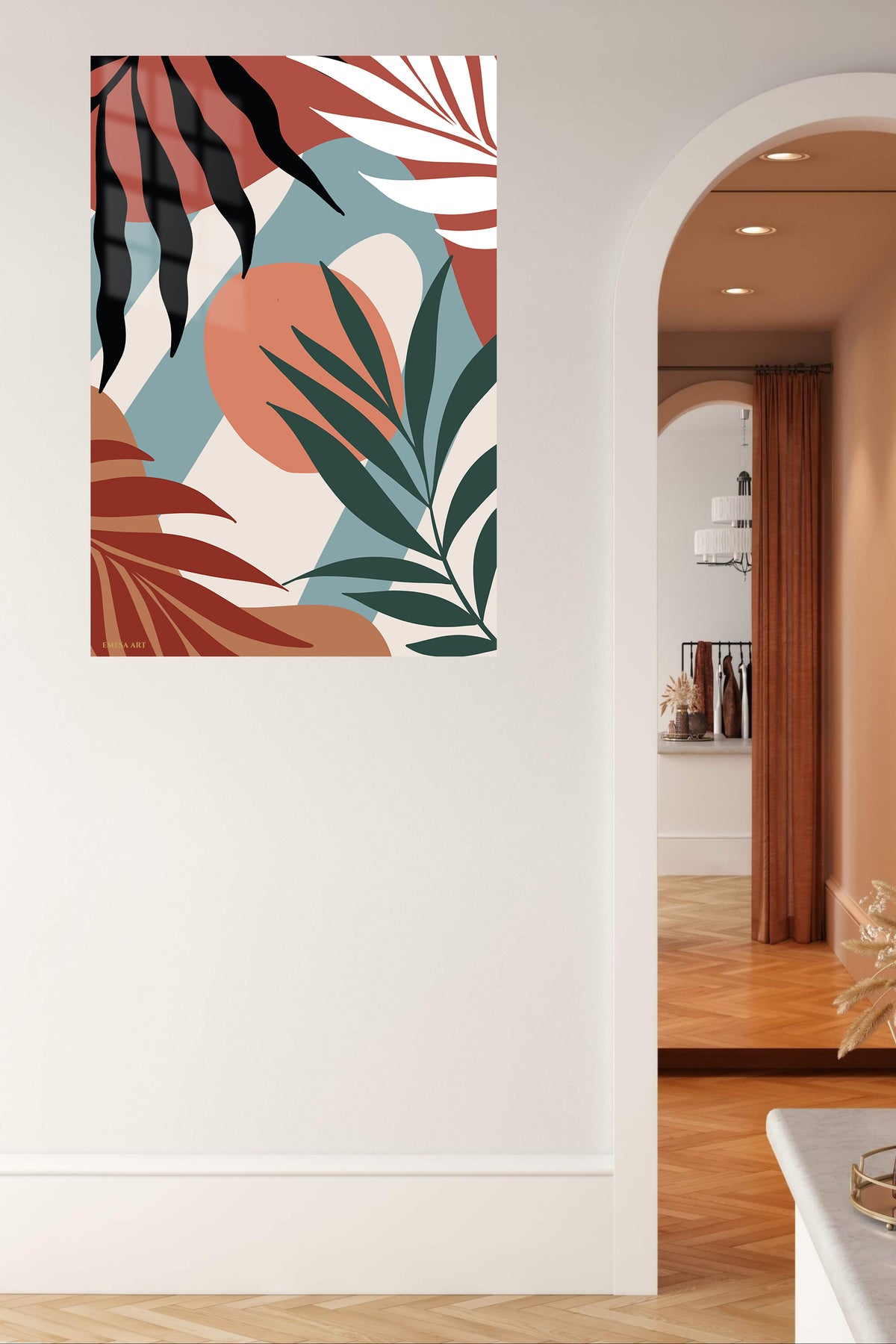 Terracotta Tropical Leaves metal wall art displayed in a contemporary living space
