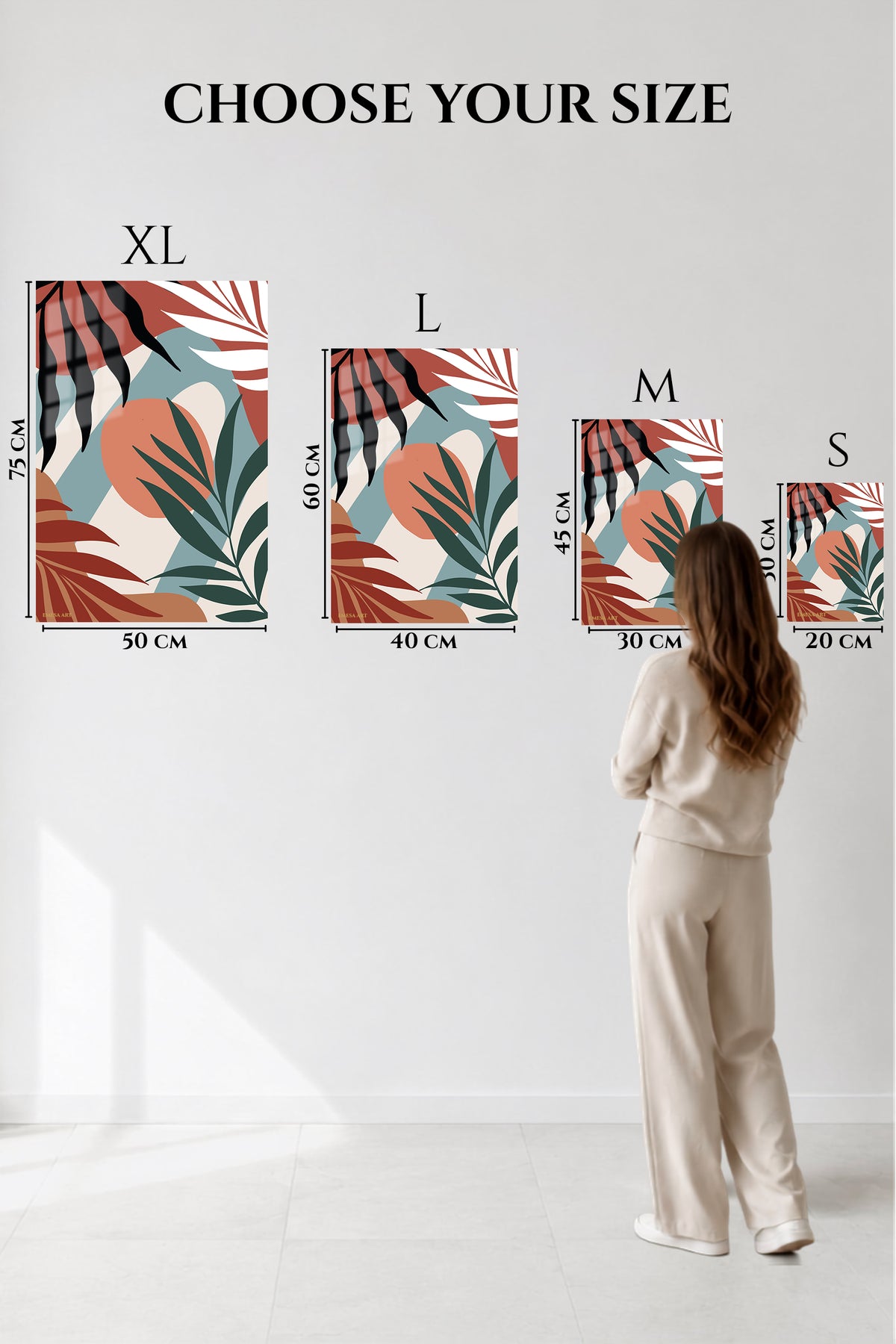 EMESA metal wall art size comparison guide for Terracotta Tropical Leaves