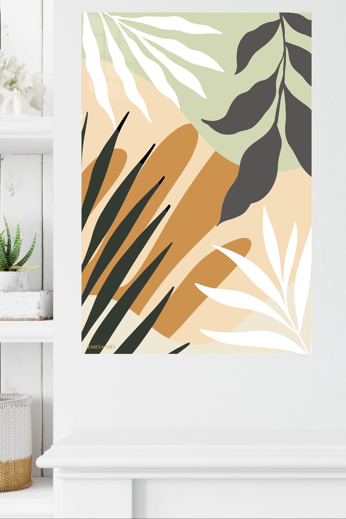 Earthy Tropical Leaves metal wall art displayed in a modern interior