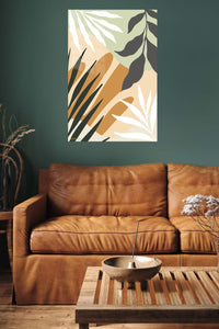 Earthy Tropical Leaves metal wall art displayed in a contemporary living space