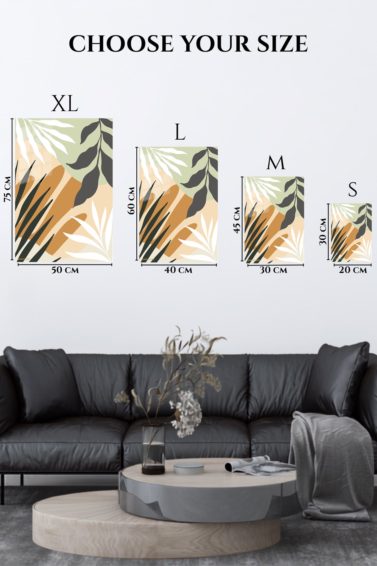 EMESA metal wall art size comparison guide for Earthy Tropical Leaves
