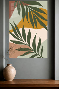 Earthy Tropical Leaves metal wall art displayed in a modern interior