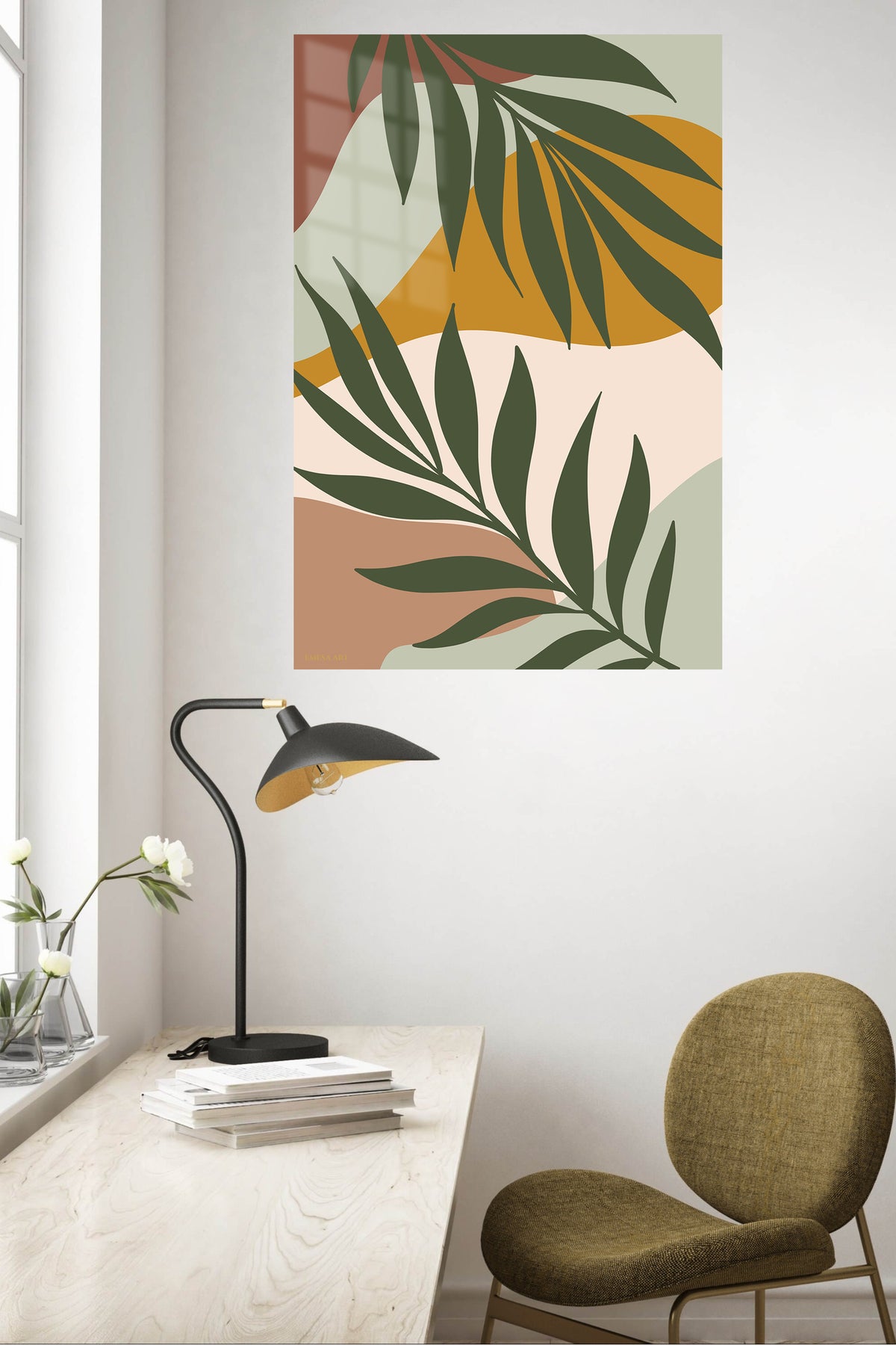 Earthy Tropical Leaves metal wall art displayed in a contemporary living space