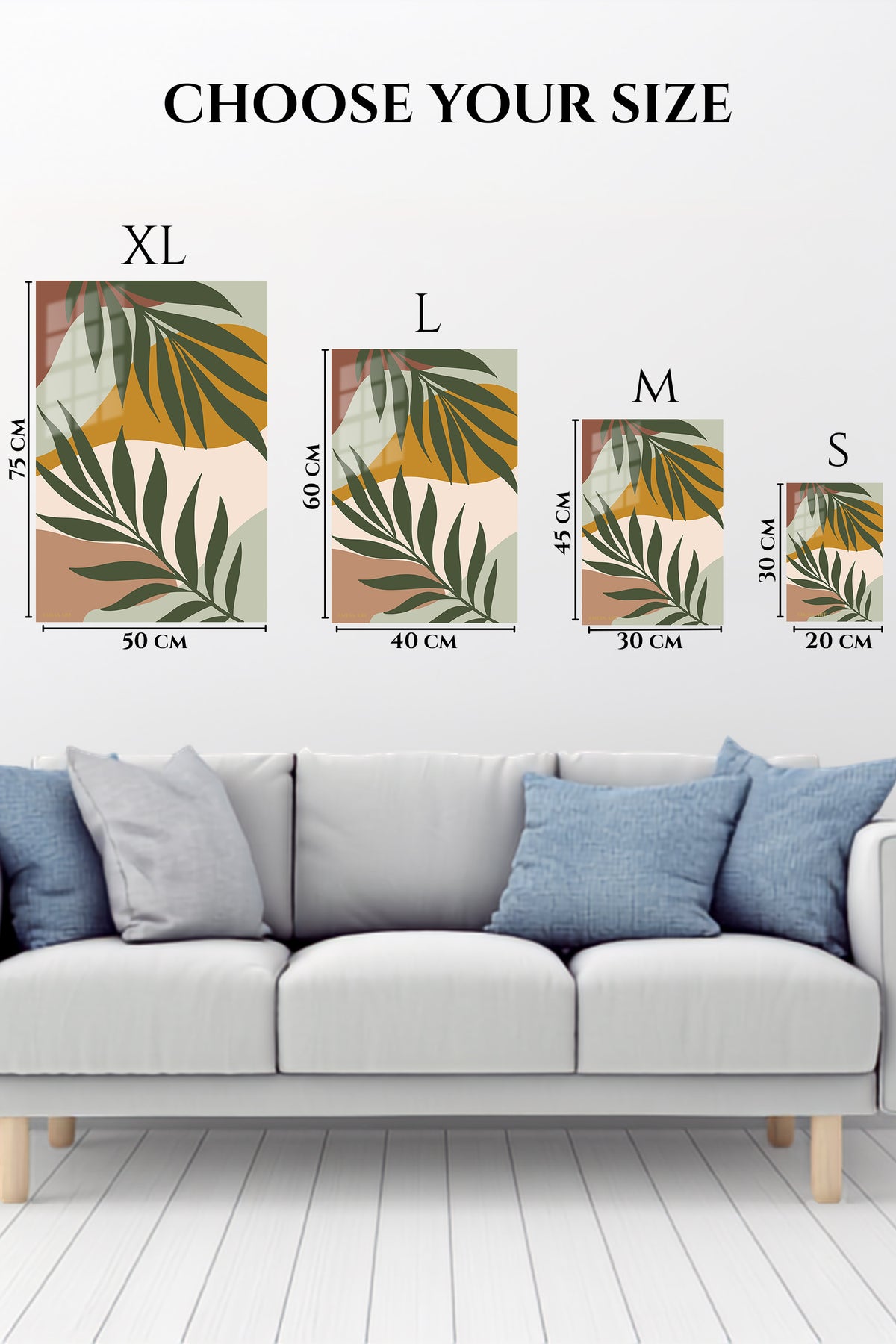 EMESA metal wall art size comparison guide for Earthy Tropical Leaves