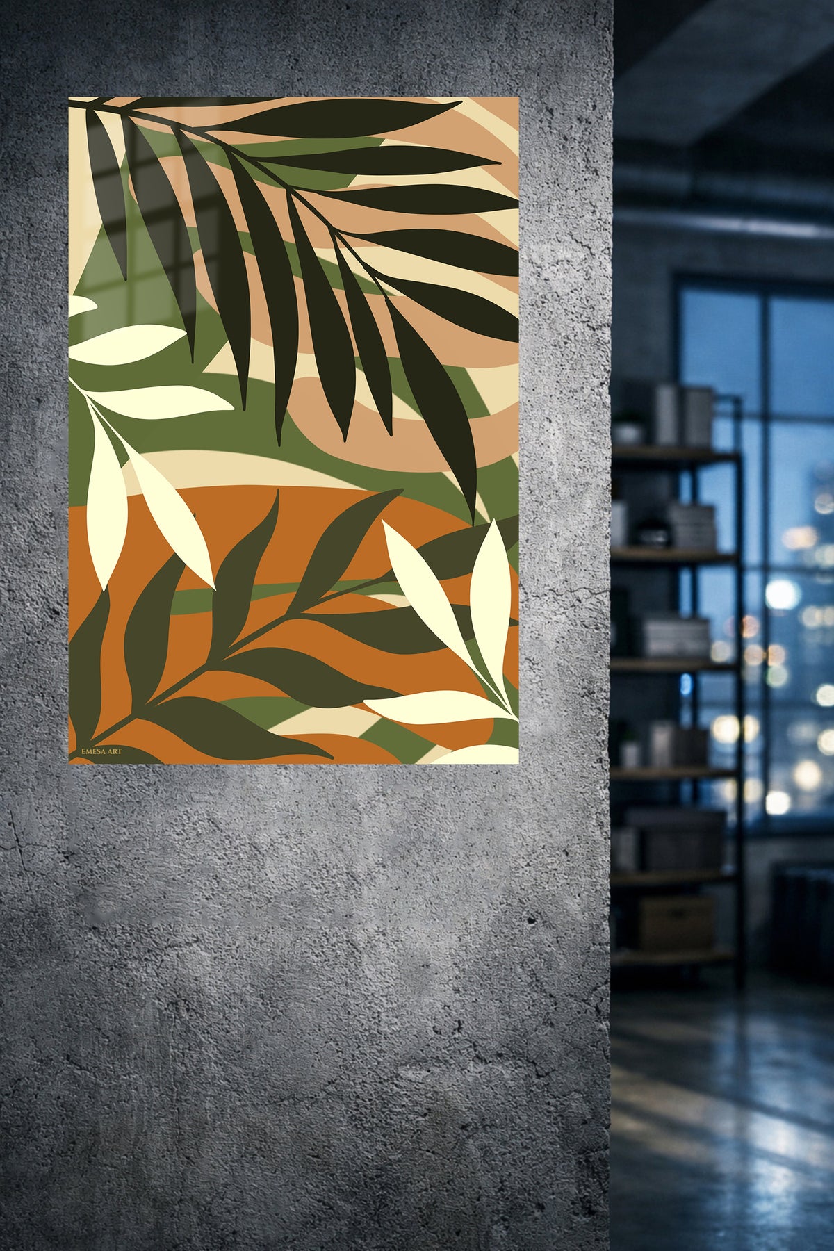 Earthy Botanical Canopy metal wall art displayed in a modern interior
